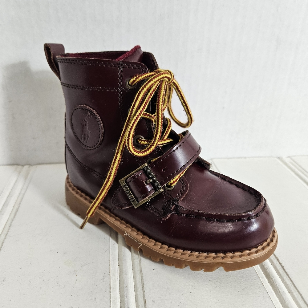 Polo Ralph Lauren Boys Ranger Hi II Leather Boots Burgundy Hiking Shoes Size 9